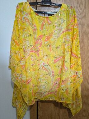 Bob Mackie Yellow Paisley-sequin Print Tunic with Coral and Cream Accents